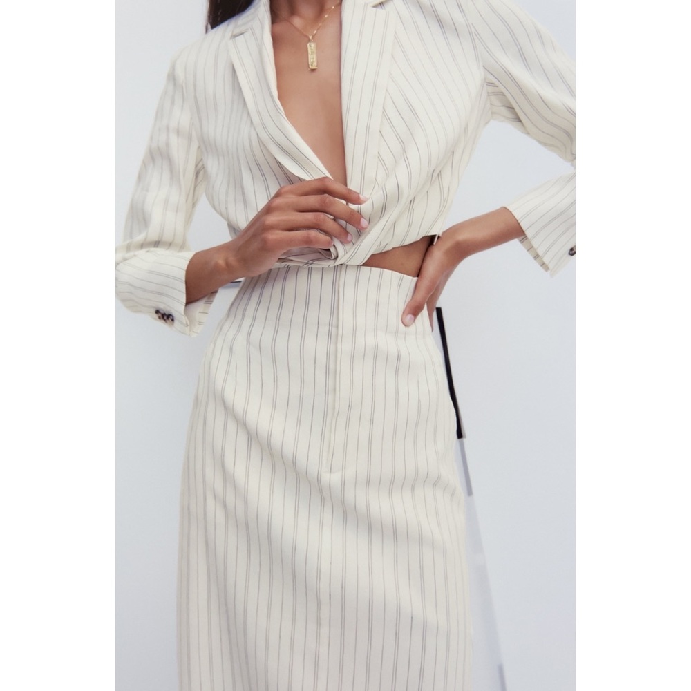 Matching Set - Zara Cropped Striped Blazer with Linen Blend Midi Skirt - Picture 3 of 11
